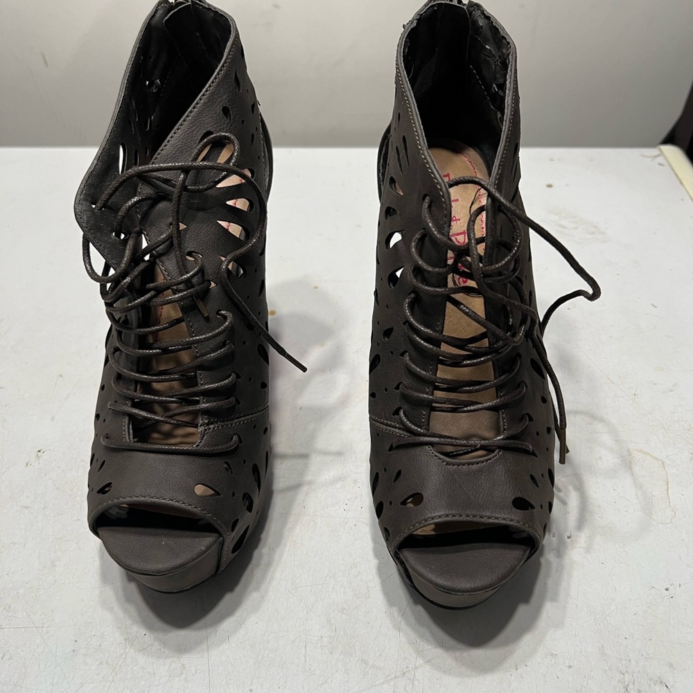 Lace-Up Peep Toe Cutout Heels in Dark Brown